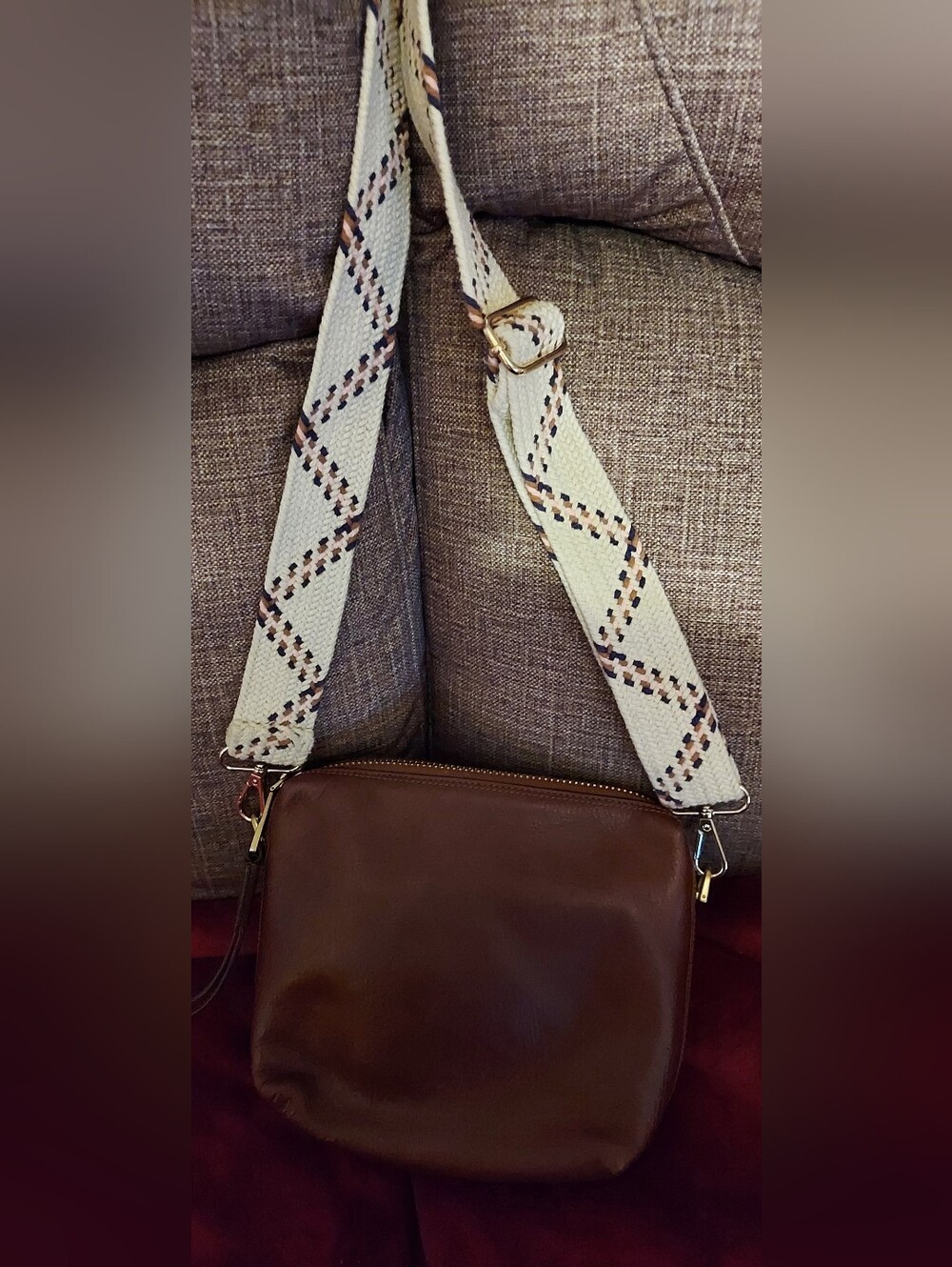 Fossil Brown Leather Crossbody with Cream Patterned Strap